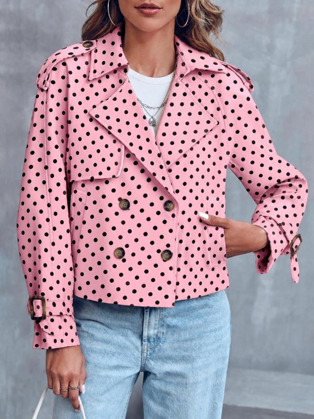 Women's Pink Polka Dots Cropped Raglan Sleeve Lapel Double Breasted Trench Coat - Picture 3 of 5